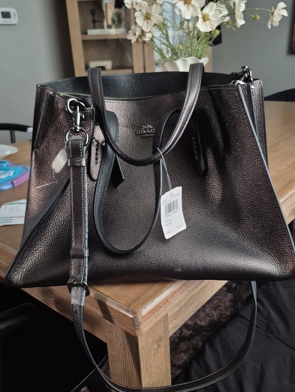 Coach Pebbled Leather Tote in Metallic Black